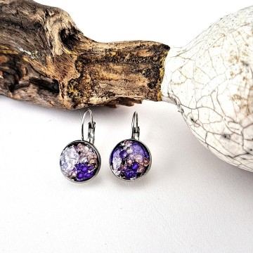 Rvs cabochon hang oorbellen met paars en rose