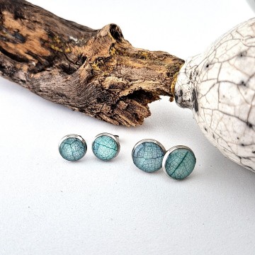 Ronde rvs cabochon oorbellen met blauwe bladnerf